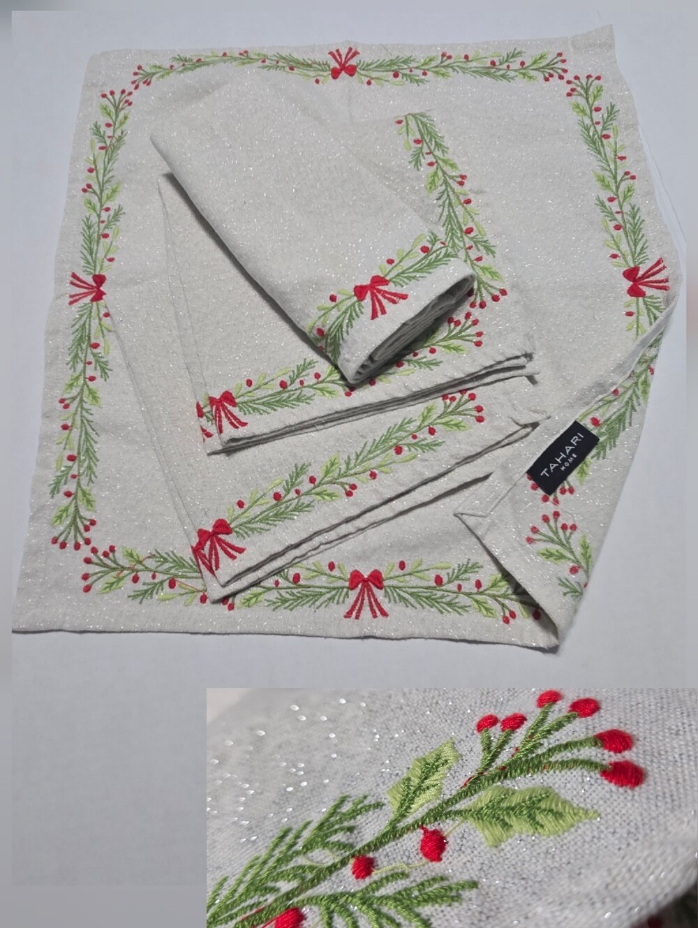 TAHARI HOME Set of 4 Designer Napkins Winter Woods Embroidered Holiday Shimmer